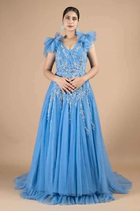 Celestial Blue Embellished Tulle Gown