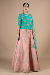 Marine green waist length blouse paired with peach lehenga setDSC08982