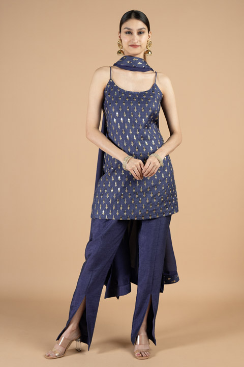 Blue slip top with front slit pants and dupatta