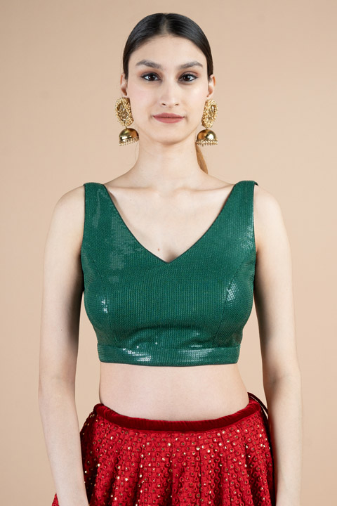 Green sequence backless blouse