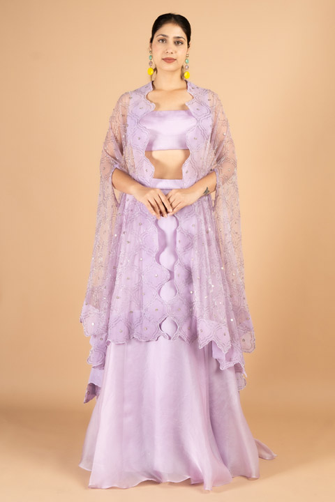 Lilac Lehenga set with Embellished Cape
