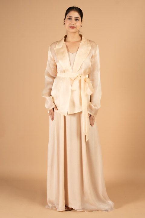 Peach fuzz slip dress and jacket