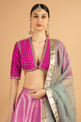 Rani pink embroidered blouse with woven silk lehenga and grey organza dupattaDSC03368