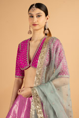 Rani pink embroidered blouse with woven silk lehenga and grey organza dupattaDSC03369