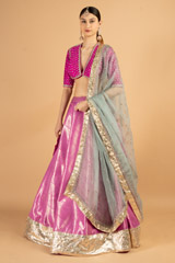 Rani pink embroidered blouse with woven silk lehenga and grey organza dupattaDSC03371