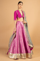 Rani pink embroidered blouse with woven silk lehenga and grey organza dupattaDSC03372
