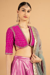 Rani pink embroidered blouse with woven silk lehenga and grey organza dupattaDSC03374