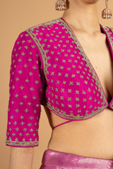 Rani pink embroidered blouse with woven silk lehenga and grey organza dupattaDSC03375