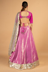 Rani pink embroidered blouse with woven silk lehenga and grey organza dupattaDSC03376