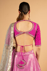 Rani pink embroidered blouse with woven silk lehenga and grey organza dupattaDSC03377