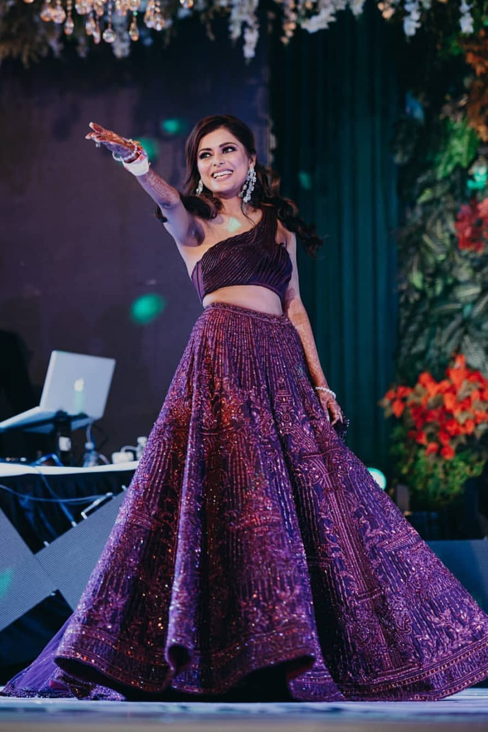 Wine Sequins Beads Embellished Lehenga with Bandeau Blouse And One-Shoulder Trail Dupatta