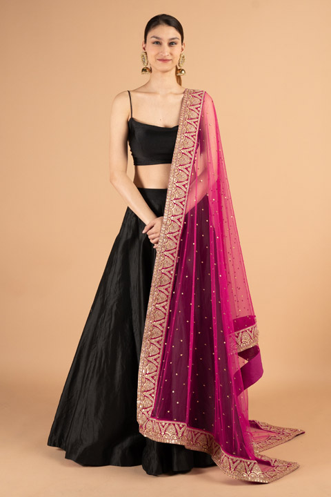 Rani pink velvet border embroidered dupatta