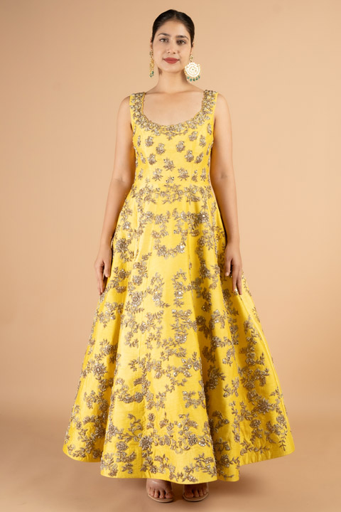 Zardosi floral embroidery ankle length gown in dual yellow tone