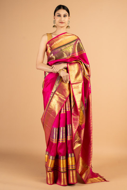 Rani pink saree work of gold thread border
