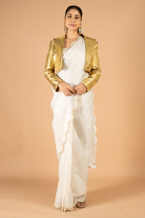 Pearl white pre pleated organza saree with woven zari jacket