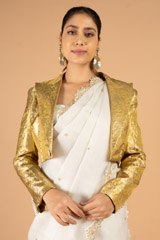 Pearl white pre pleated organza saree with woven zari jacketDSC06941