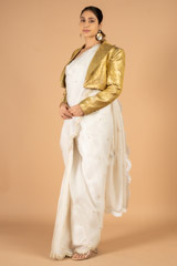 Pearl white pre pleated organza saree with woven zari jacketDSC06943