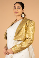 Pearl white pre pleated organza saree with woven zari jacketDSC06944