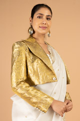 Pearl white pre pleated organza saree with woven zari jacketDSC06945