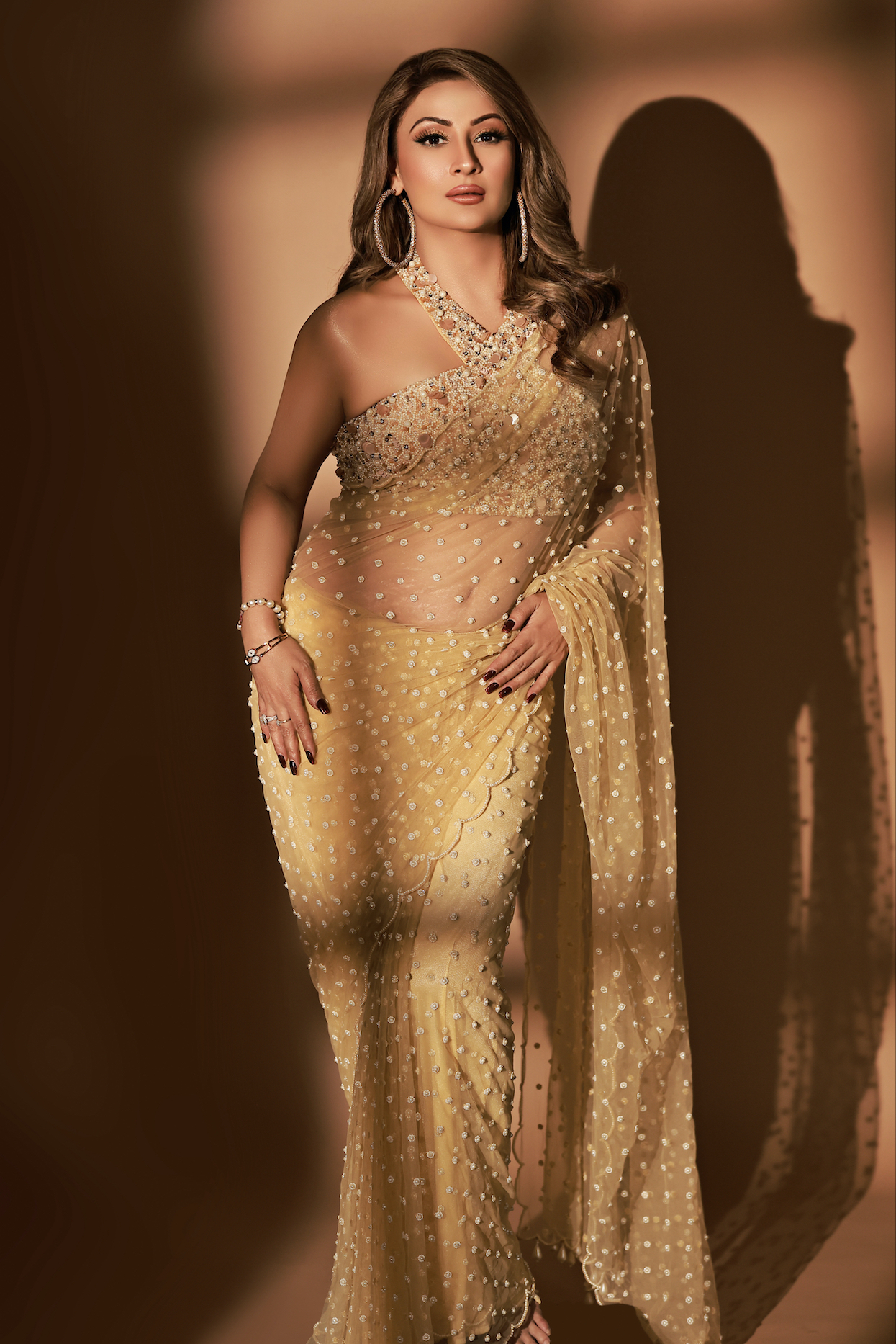 Beige Pearls Saree Set