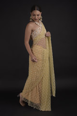 Beige Pearls Saree Set_DTR0189