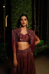 Burgundy Organza Lehenga With Cape2