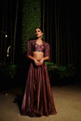 Burgundy Organza Lehenga With Cape3