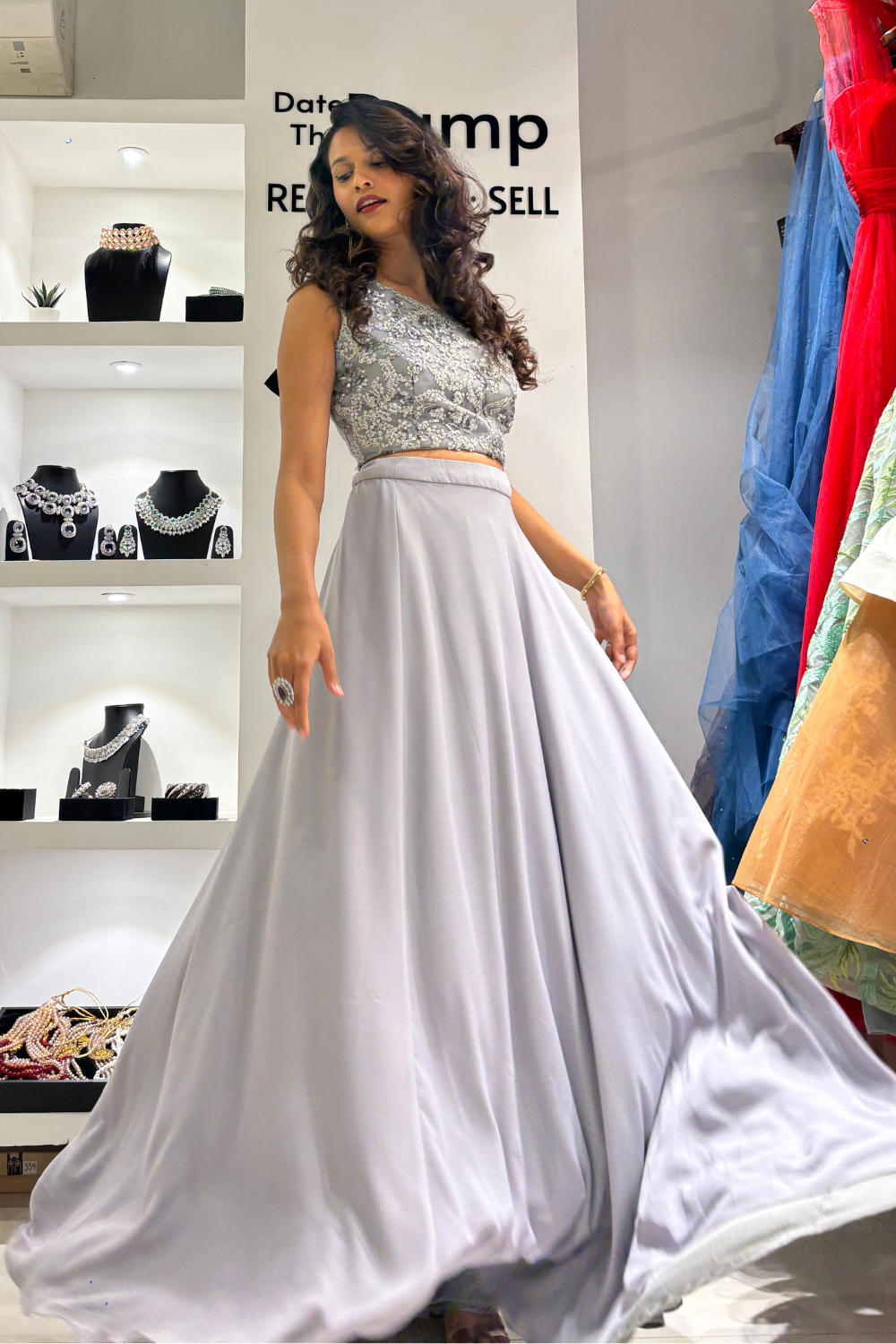 Grey Top Bottom Ensemble Of One Shoulder Blouse with Skirt