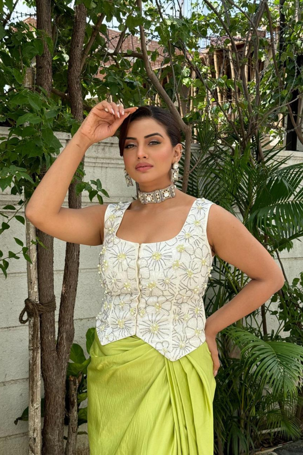 Pearl white Embellished Jacket with Lime Green Draped Skirt