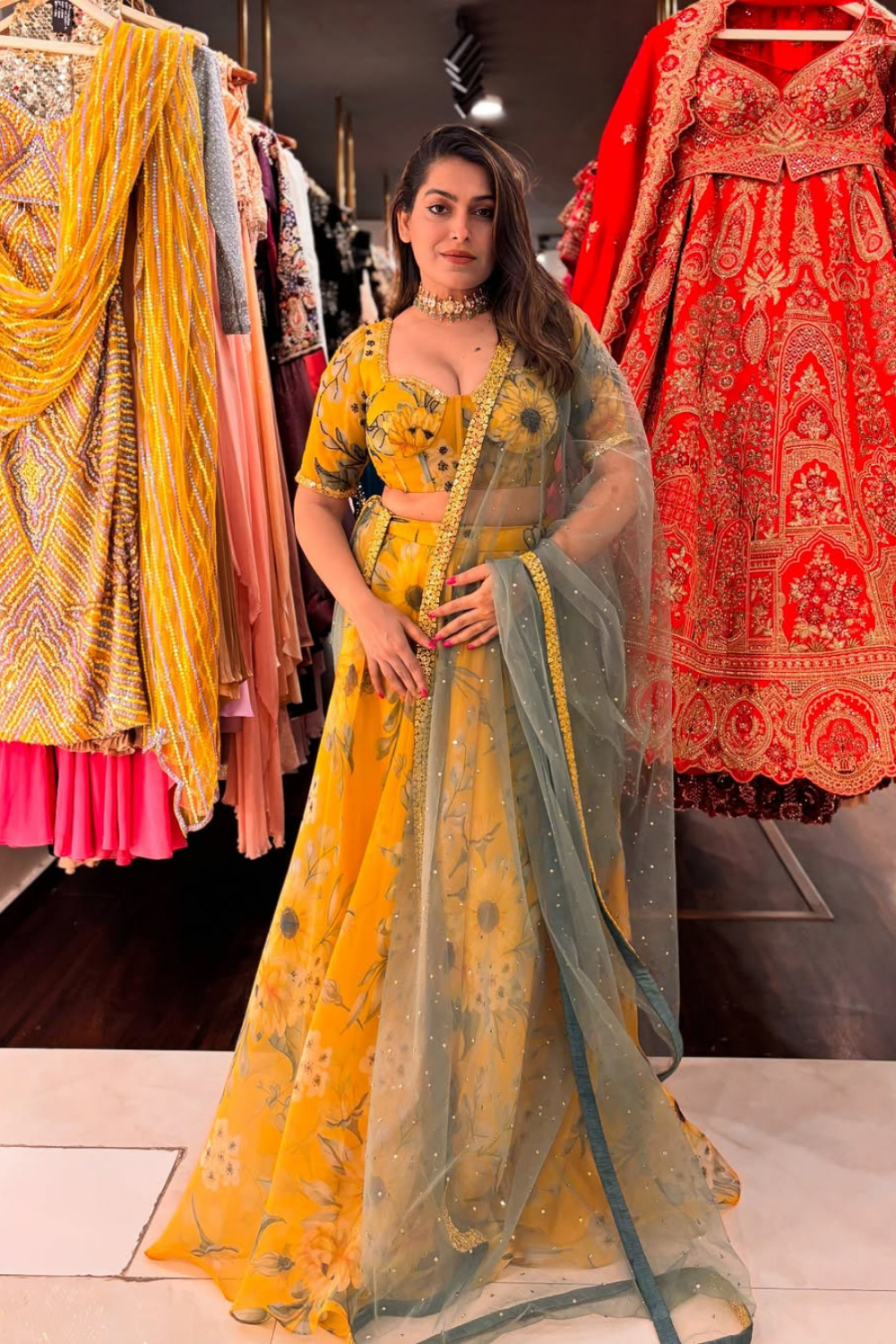 Yellow Sunflower lehenga set with green dupatta
