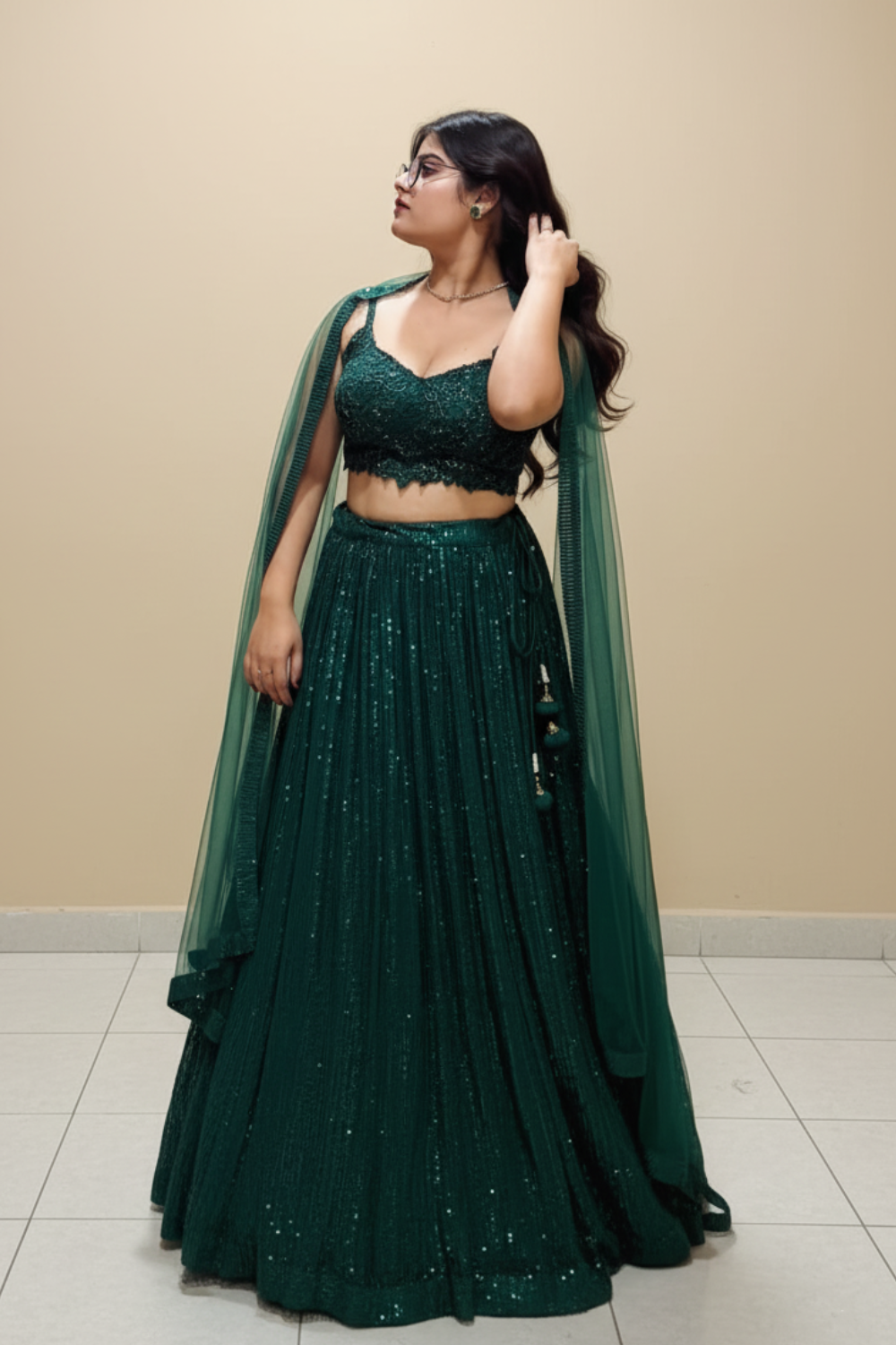 Deep Emerald Green Lehenga With Sequin Work Embellishment
