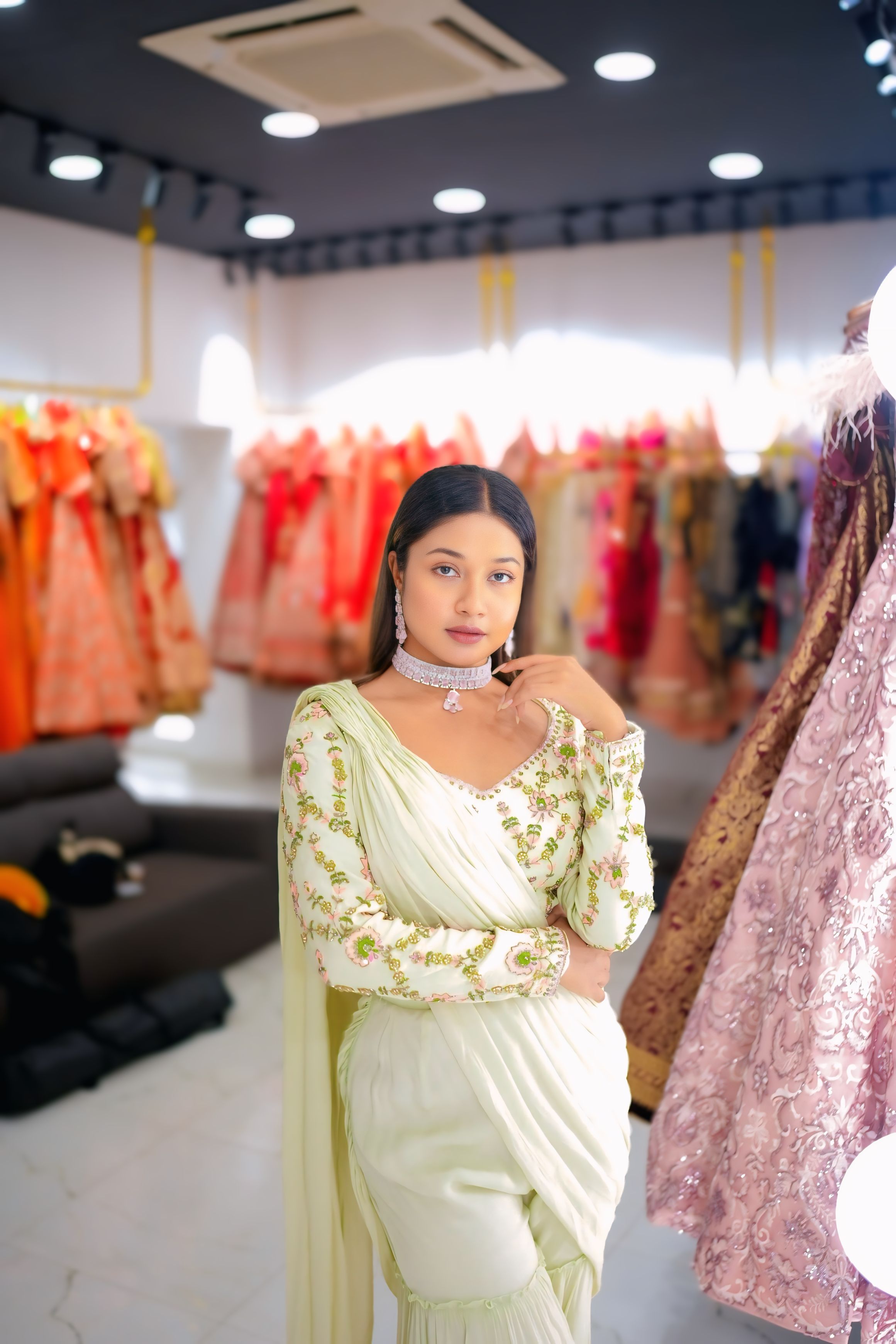 Muted Pistachio Green Pre- drapped Saree1