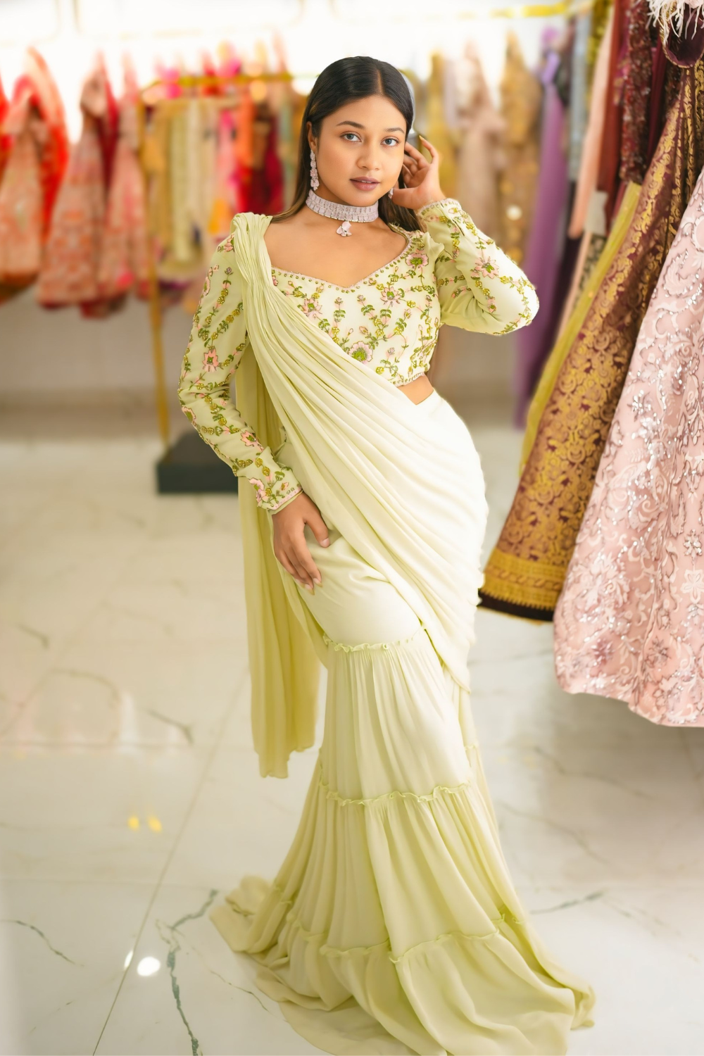 Muted Pistachio Green Pre- drapped Saree