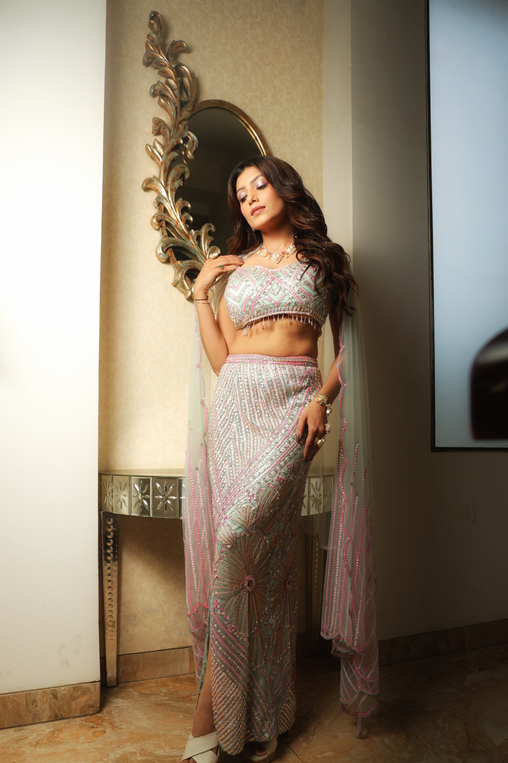 Shades Of Pink- Mint Green Ensemble And Trail Dupatta With Pearls Bead Work Sequins Embellishment4