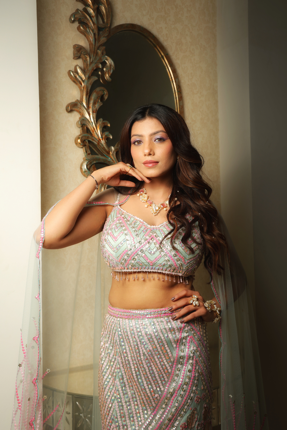 Shades Of Pink- Mint Green Ensemble And Trail Dupatta With Pearls Bead Work Sequins Embellishment6