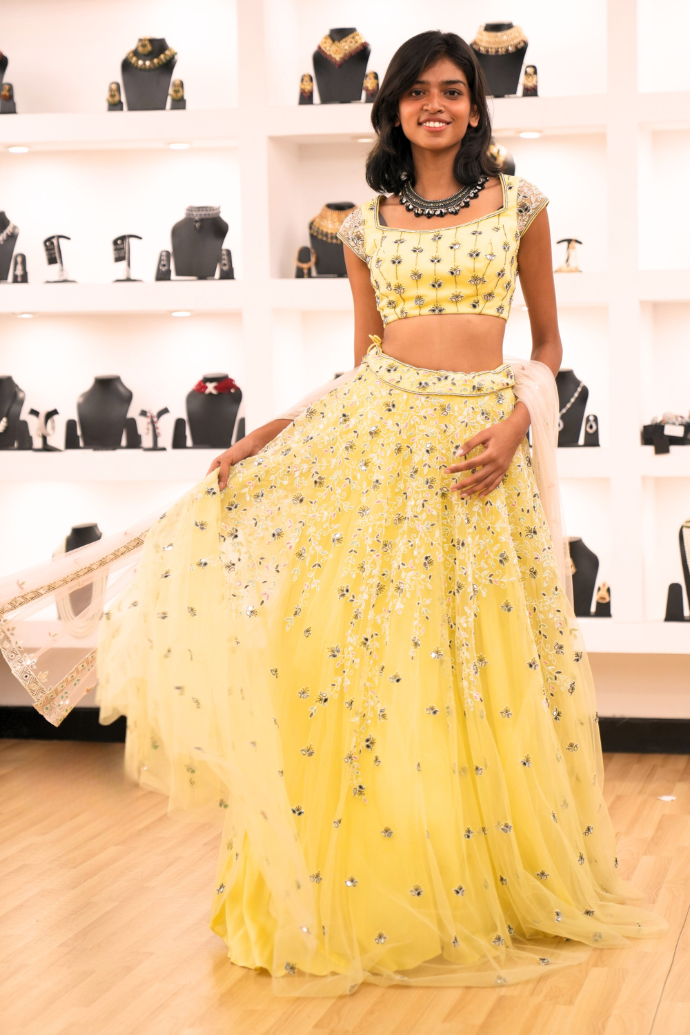 Lemon Zest Yellow Lehenga And Peach Dupatta With Beads And Mirror Work Lehenga2