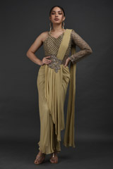 Beige One Shoulder Saree Gown_SUB7667