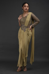 Beige One Shoulder Saree Gown