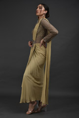 Beige One Shoulder Saree Gown_SUB7674