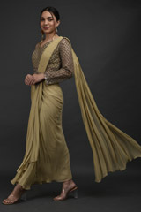 Beige One Shoulder Saree Gown_SUB7680