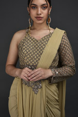 Beige One Shoulder Saree Gown_SUB7686