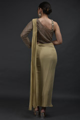 Beige One Shoulder Saree Gown_SUB7698