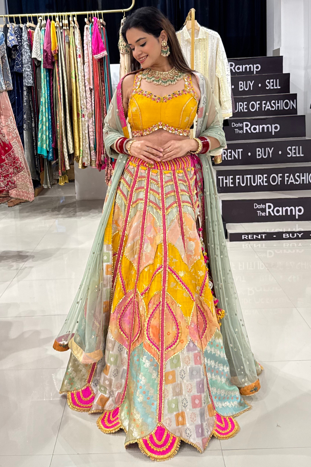 Mustard Yellow Applique Work Lehenga3