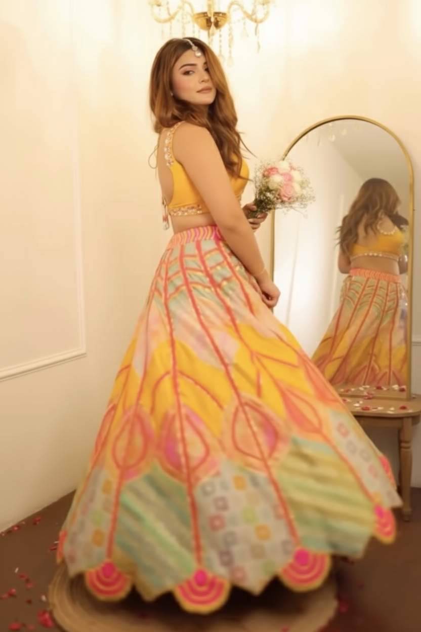 Mustard Yellow Applique Work Lehenga