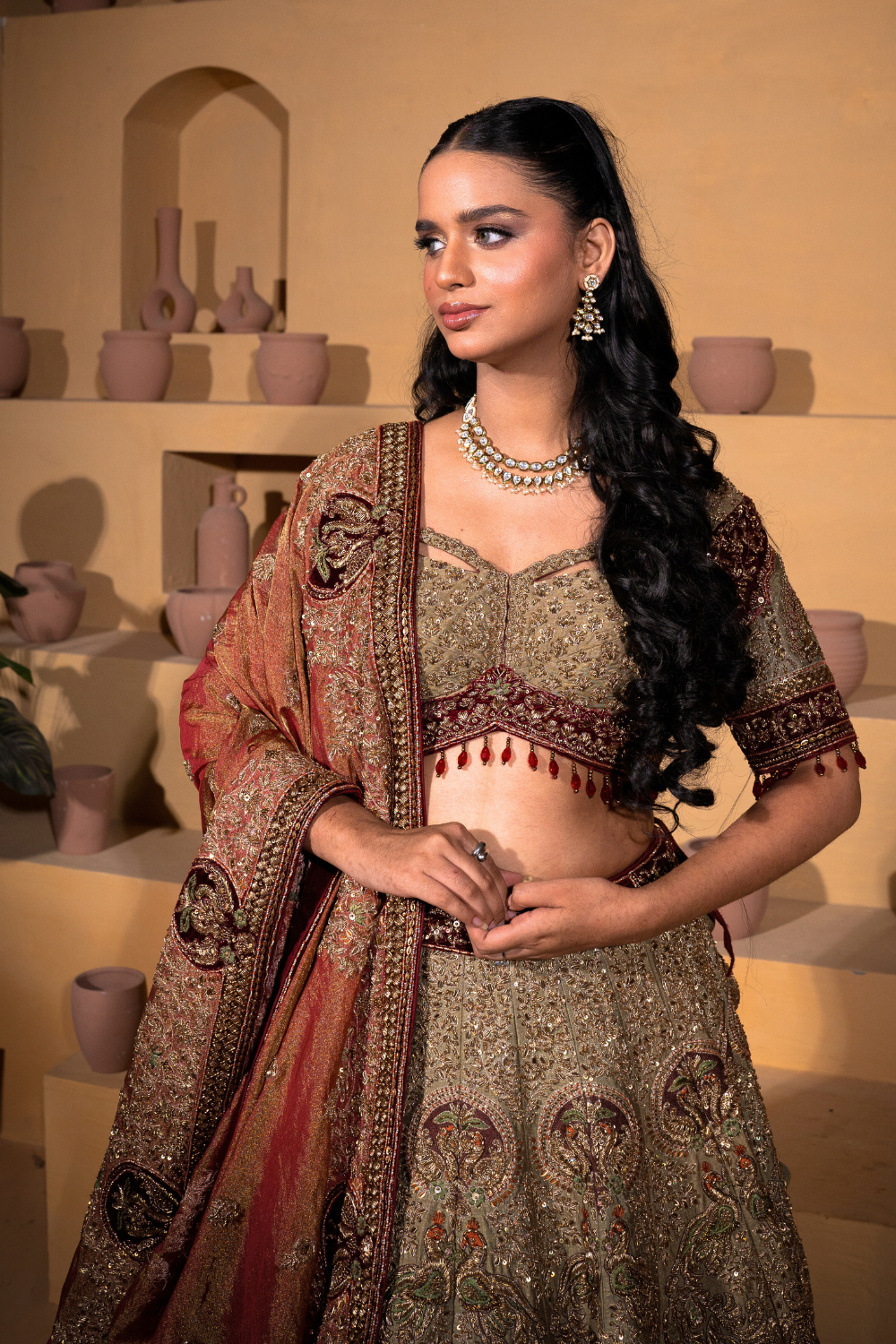Olive Green and Maroon Bridal Lehenga With Zari Thread Work Embellishment1