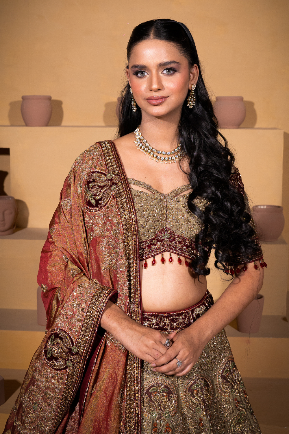 Olive Green and Maroon Bridal Lehenga With Zari Thread Work Embellishment2