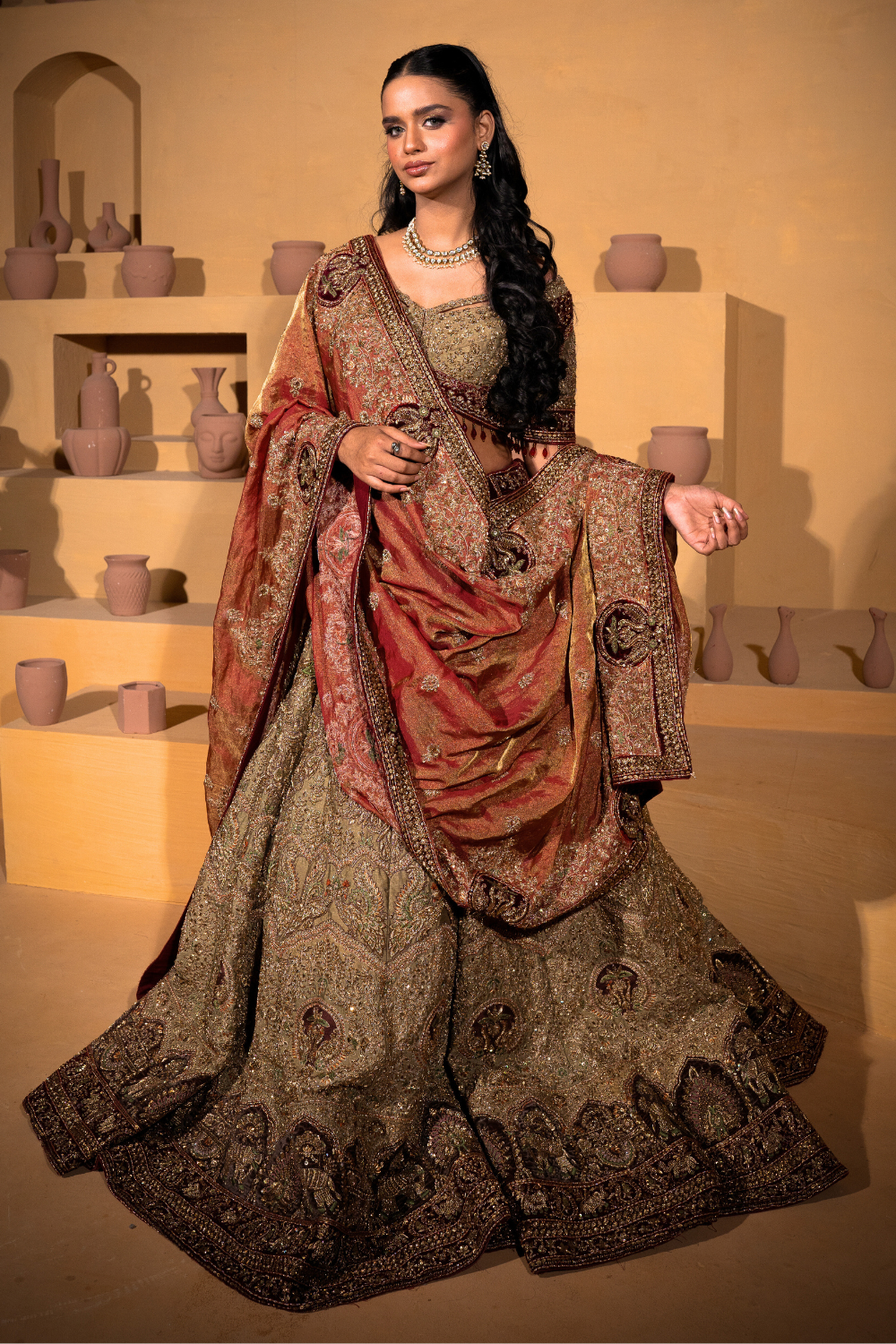 Olive Green and Maroon Bridal Lehenga With Zari Thread Work Embellishment3