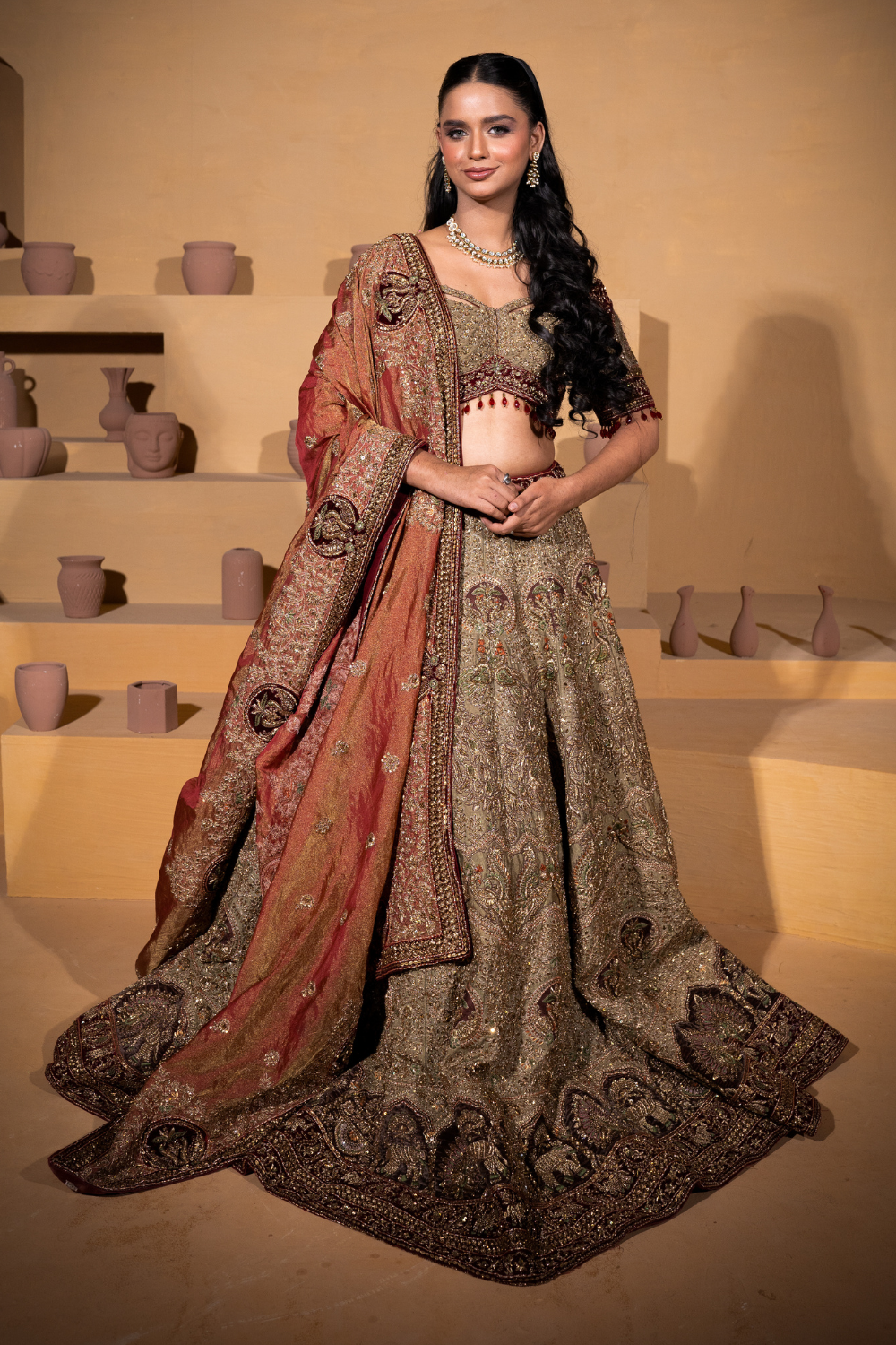 Olive Green and Maroon Bridal Lehenga With Zari Thread Work Embellishment4