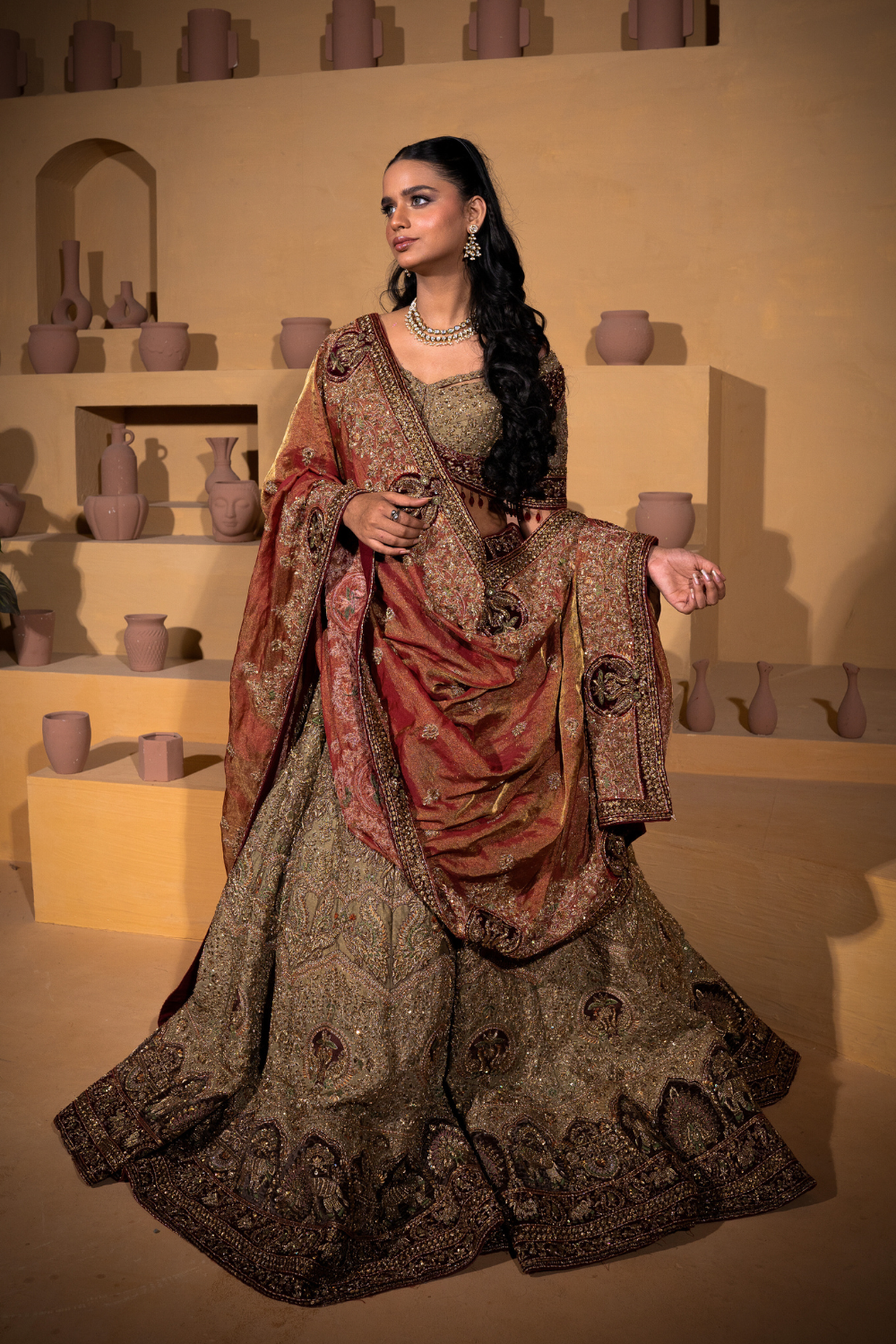 Olive Green and Maroon Bridal Lehenga With Zari Thread Work Embellishment5