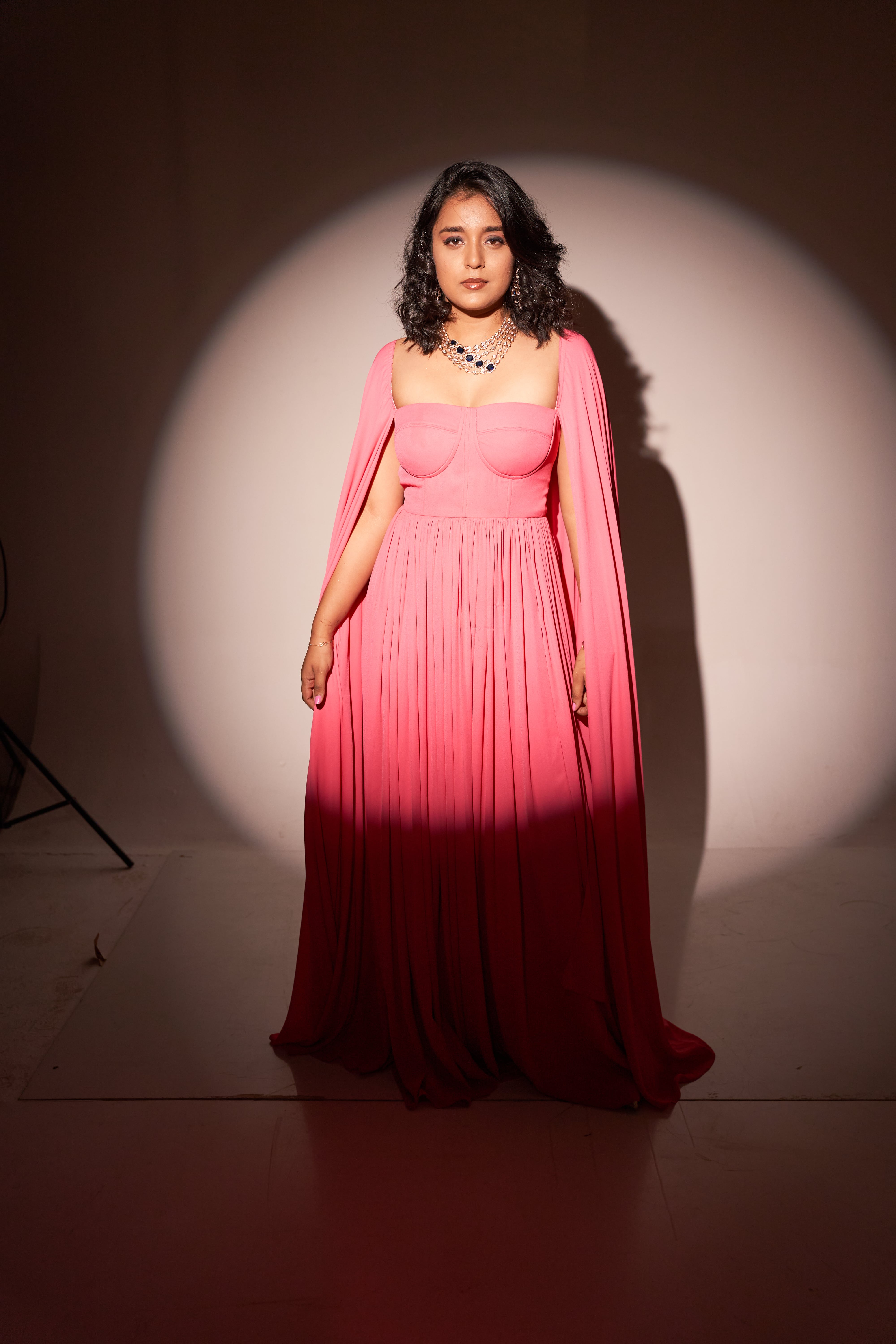 Flamingo Pink Dress With Shoulder Cape1